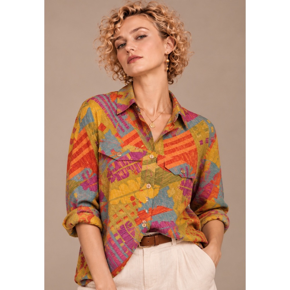 IOS Large Multicolor Silk Linen Abstract Print Button Down Blouse